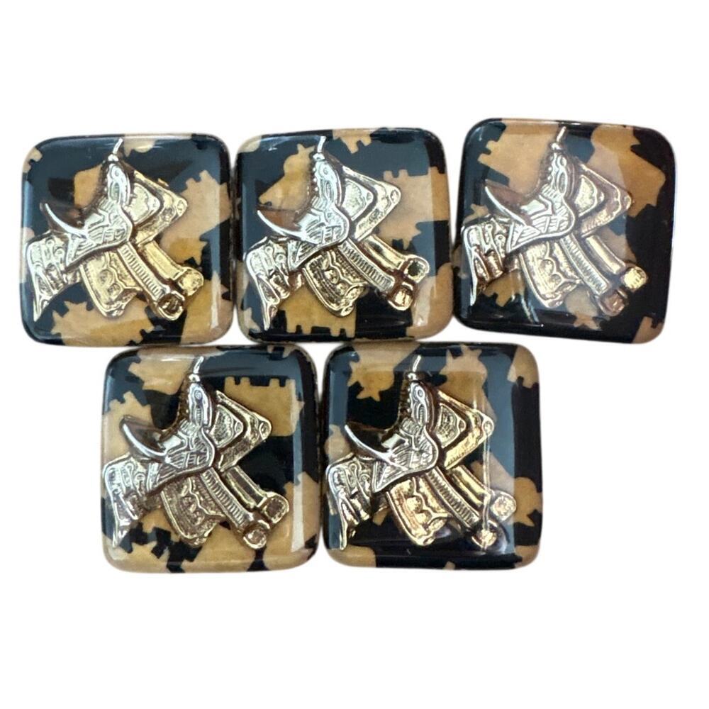 Vintage Gold Toned Tortoise Shell Equestrian Saddle Button Covers Set of 5